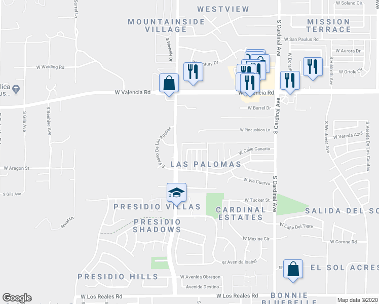 map of restaurants, bars, coffee shops, grocery stores, and more near 6725 South Via Perico in Tucson