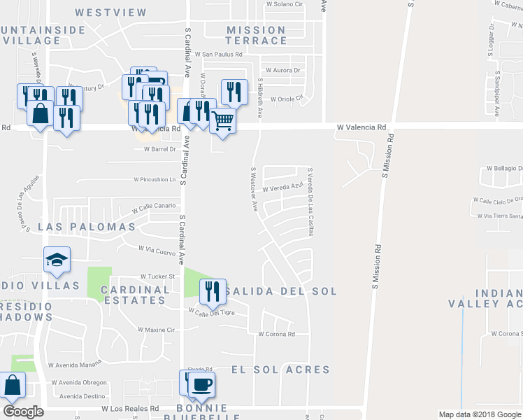 map of restaurants, bars, coffee shops, grocery stores, and more near 2632 West Vereda Amarillo in Tucson