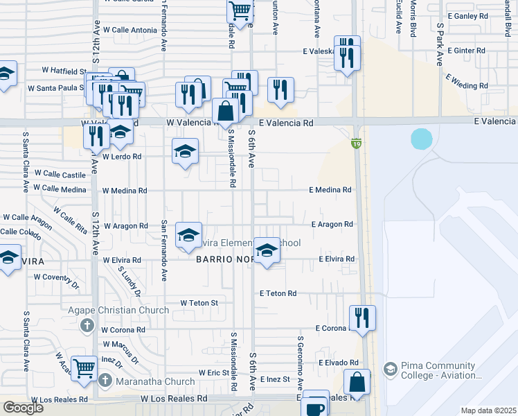 map of restaurants, bars, coffee shops, grocery stores, and more near 38 East Calle Sevilla in Tucson