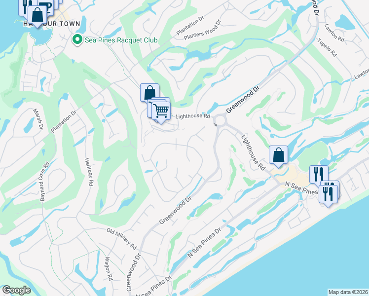map of restaurants, bars, coffee shops, grocery stores, and more near 3 Wildwood Road in Hilton Head Island