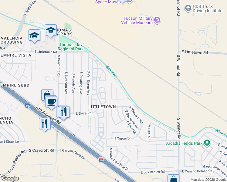map of restaurants, bars, coffee shops, grocery stores, and more near 5887 East Fantail Lane in Tucson