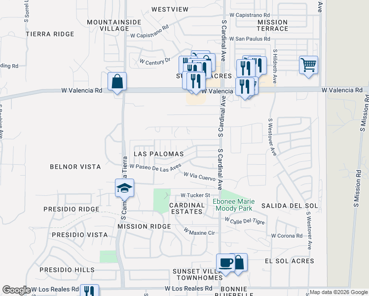 map of restaurants, bars, coffee shops, grocery stores, and more near 3016 West Calle Canario in Tucson