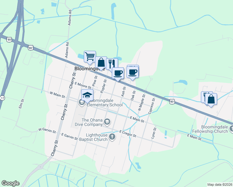 map of restaurants, bars, coffee shops, grocery stores, and more near 6 Chestnut Street in Bloomingdale
