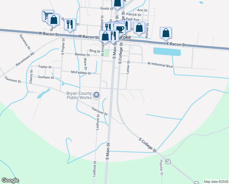 map of restaurants, bars, coffee shops, grocery stores, and more near 22 East Dubois Street in Pembroke
