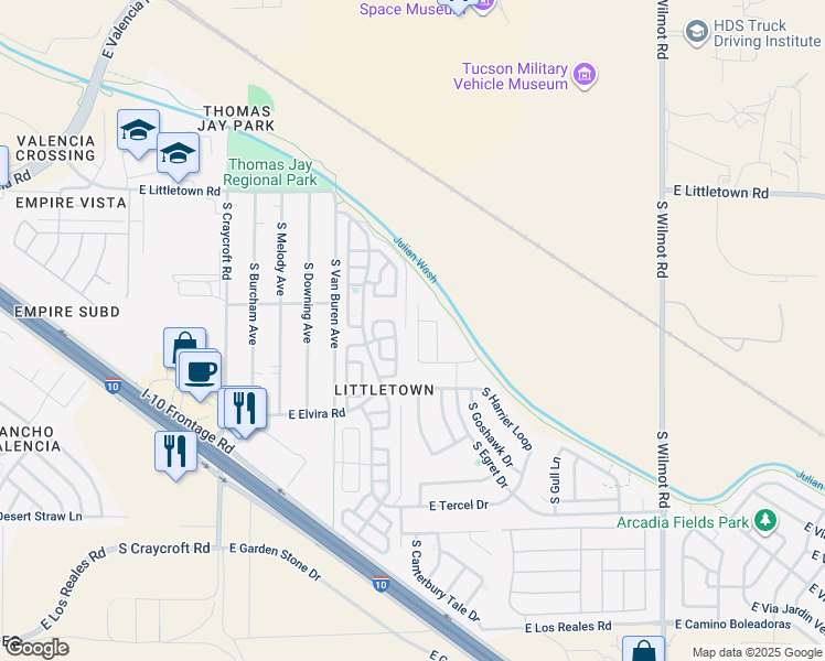 map of restaurants, bars, coffee shops, grocery stores, and more near 6760 South Parliament Drive in Tucson