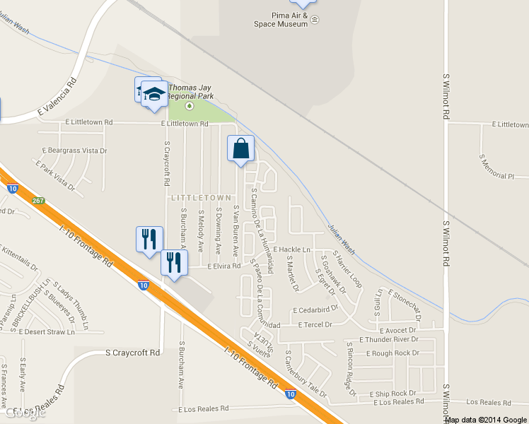 map of restaurants, bars, coffee shops, grocery stores, and more near 5743 East Camino Del AVANZO in Tucson