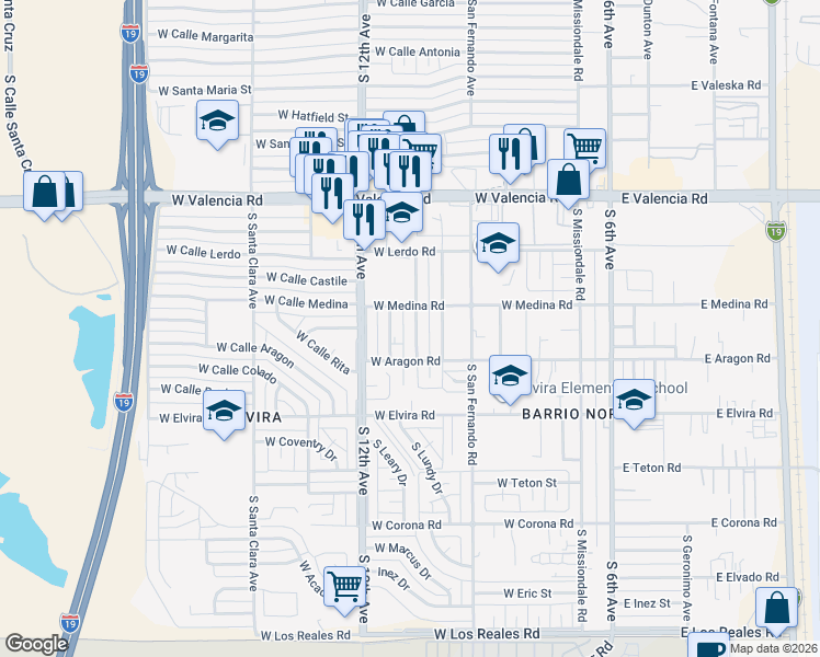 map of restaurants, bars, coffee shops, grocery stores, and more near 6716 South Lundy Avenue in Tucson