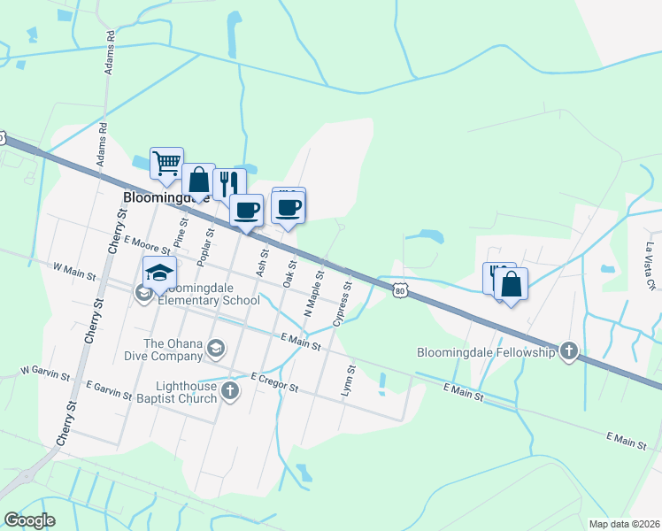 map of restaurants, bars, coffee shops, grocery stores, and more near 702 East U.S. 80 in Bloomingdale