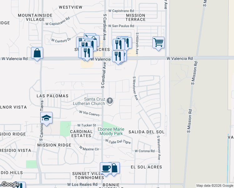 map of restaurants, bars, coffee shops, grocery stores, and more near 2823 West Gatsby Street in Tucson