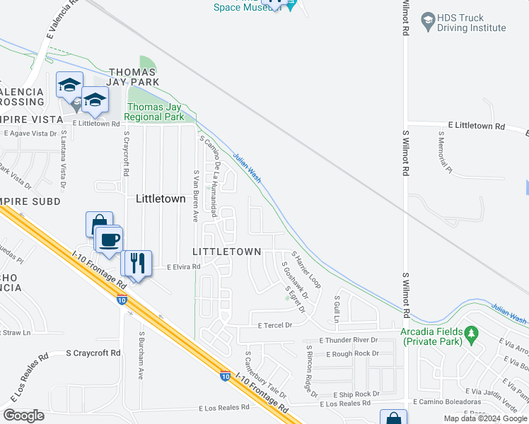 map of restaurants, bars, coffee shops, grocery stores, and more near 6757 South Aquiline Drive in Tucson