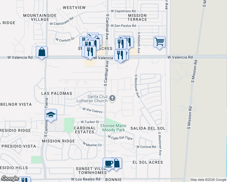 map of restaurants, bars, coffee shops, grocery stores, and more near 6723 South Butch Cassidy Avenue in Tucson