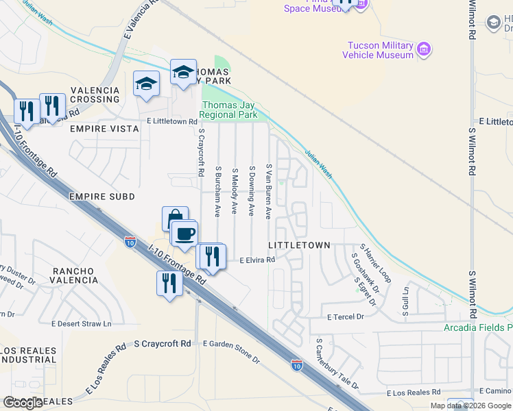 map of restaurants, bars, coffee shops, grocery stores, and more near 6725 South Downing Avenue in Tucson
