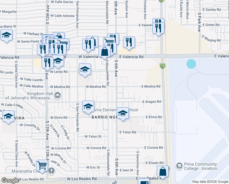 map of restaurants, bars, coffee shops, grocery stores, and more near 6724 South 6th Avenue in Tucson