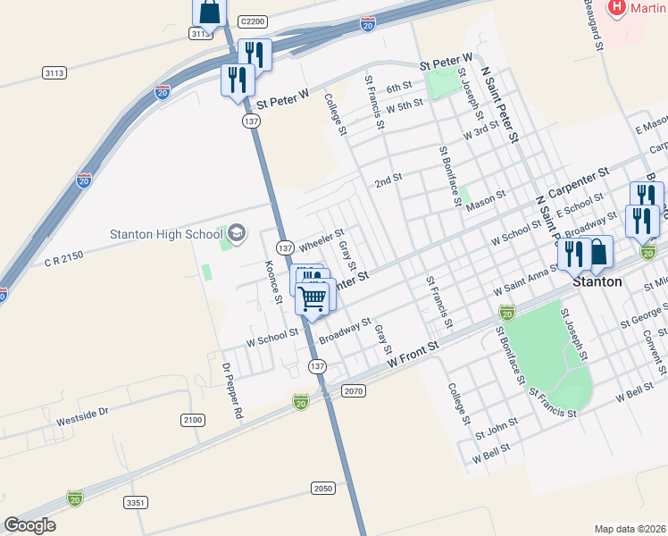 map of restaurants, bars, coffee shops, grocery stores, and more near 507 Gray Street in Stanton