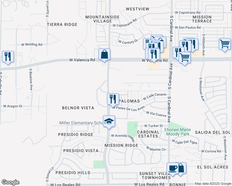 map of restaurants, bars, coffee shops, grocery stores, and more near 3256 West Via Perico in Tucson