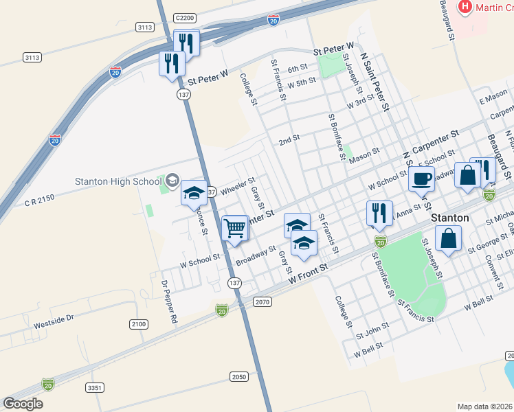 map of restaurants, bars, coffee shops, grocery stores, and more near 507 Gray Street in Stanton