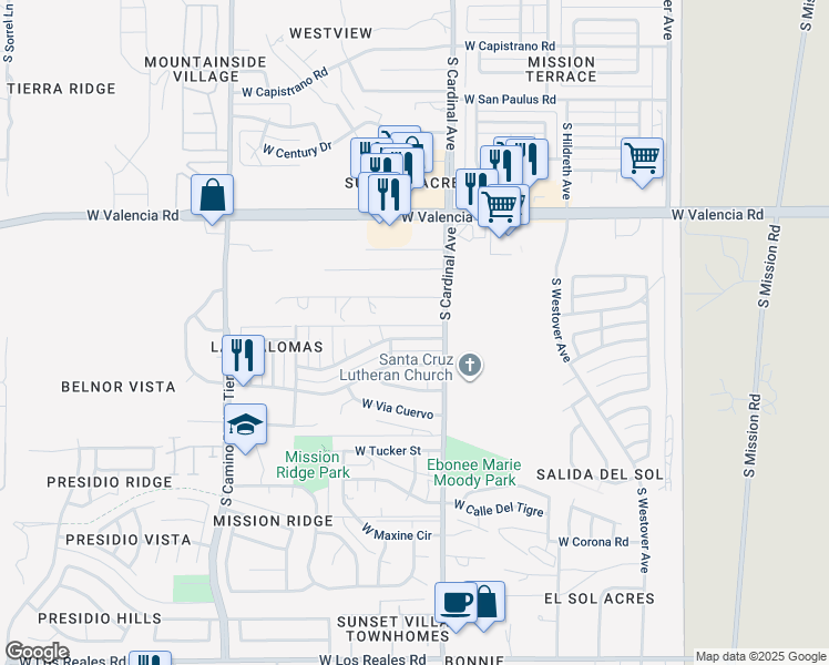 map of restaurants, bars, coffee shops, grocery stores, and more near 2930 West Calle Canario in Tucson