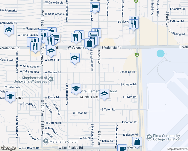 map of restaurants, bars, coffee shops, grocery stores, and more near 6715 South Missiondale Road in Tucson