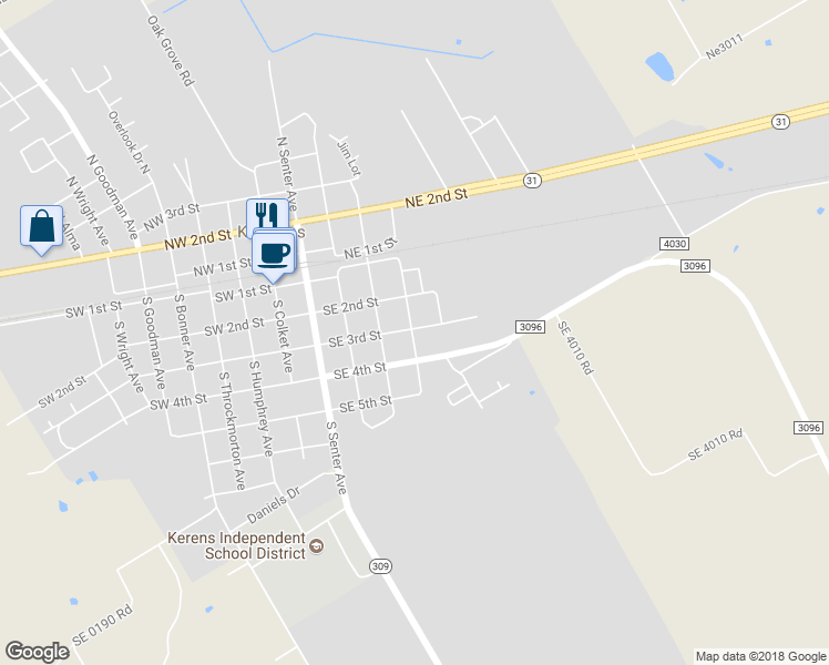 map of restaurants, bars, coffee shops, grocery stores, and more near 511 Southeast 3rd Street in Kerens