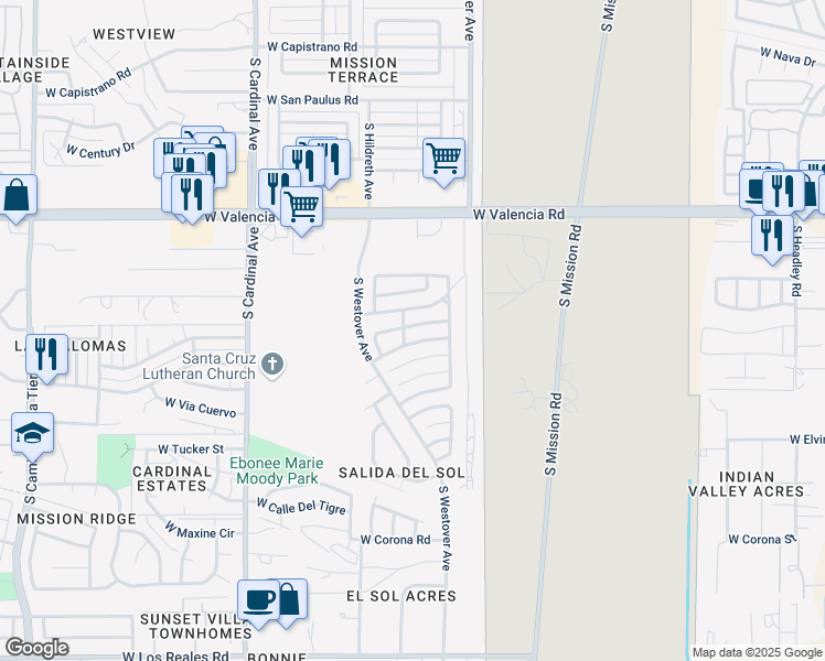 map of restaurants, bars, coffee shops, grocery stores, and more near 2561 West Vereda Amarillo in Tucson