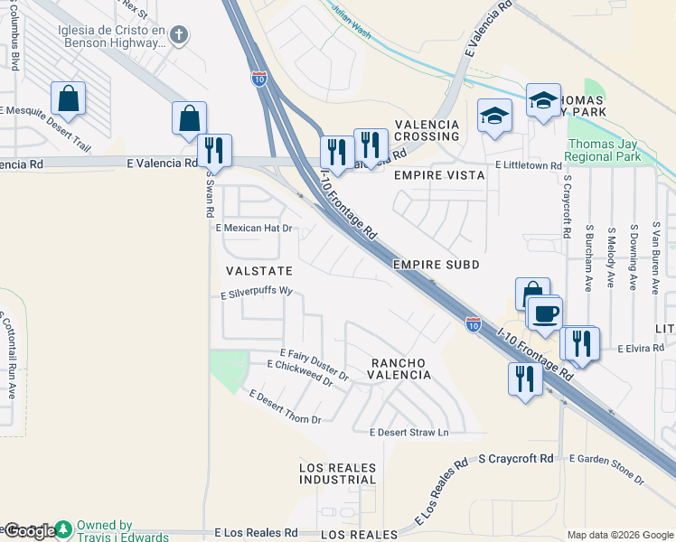 map of restaurants, bars, coffee shops, grocery stores, and more near 6721 South Yellow Rattle Court in Tucson