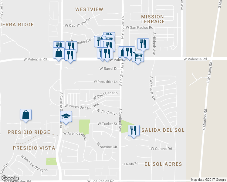 map of restaurants, bars, coffee shops, grocery stores, and more near 2930 West Calle Canario in Tucson