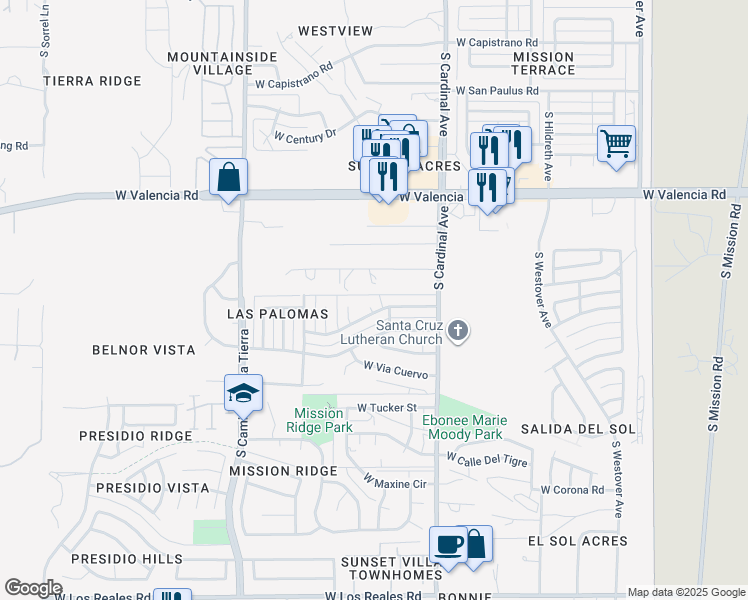 map of restaurants, bars, coffee shops, grocery stores, and more near 3016 West Calle Canario in Tucson