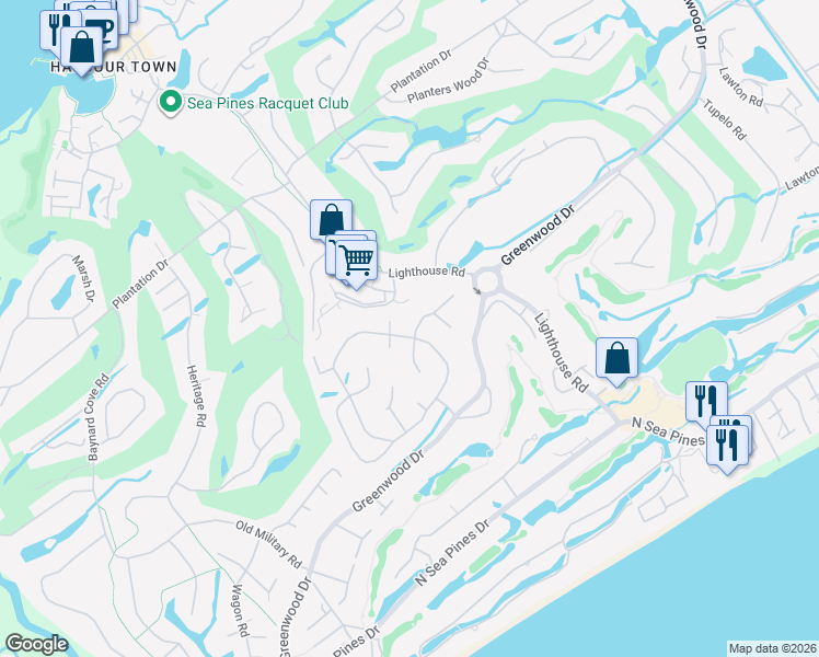 map of restaurants, bars, coffee shops, grocery stores, and more near 3 Wildwood Road in Hilton Head Island