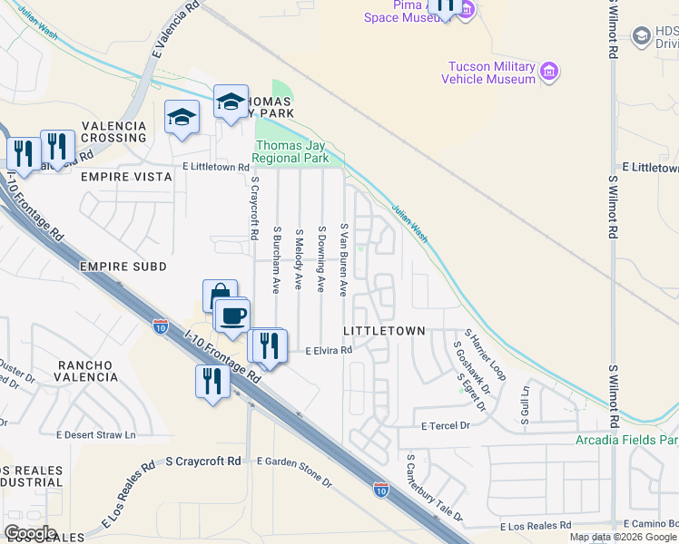 map of restaurants, bars, coffee shops, grocery stores, and more near 6716 South Van Buren Avenue in Tucson