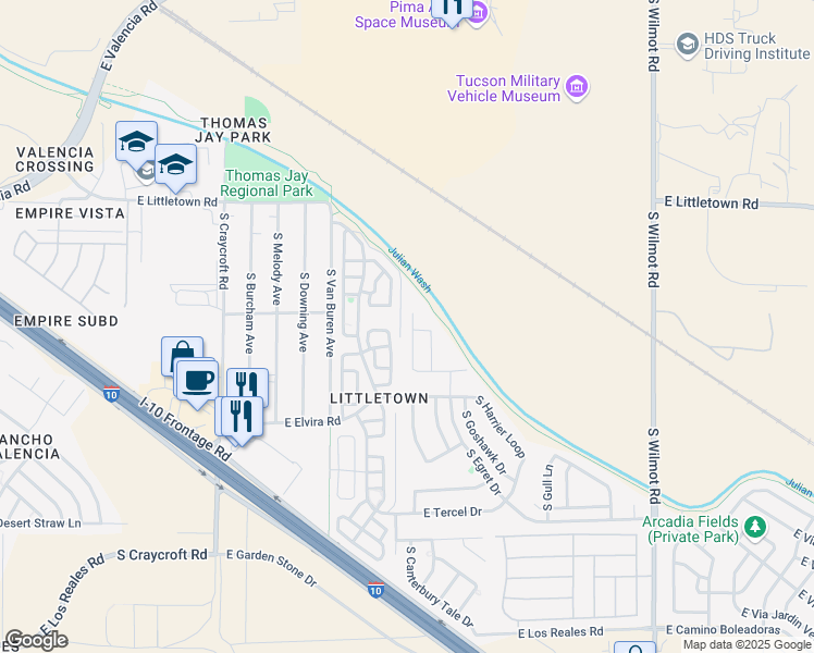 map of restaurants, bars, coffee shops, grocery stores, and more near 6736 South Parliament Drive in Tucson