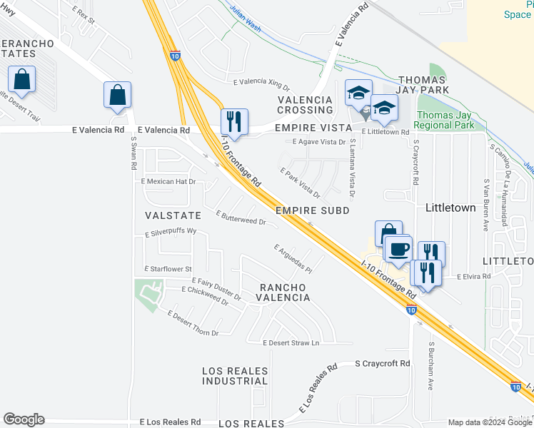 map of restaurants, bars, coffee shops, grocery stores, and more near 5073 East Butterweed Drive in Tucson