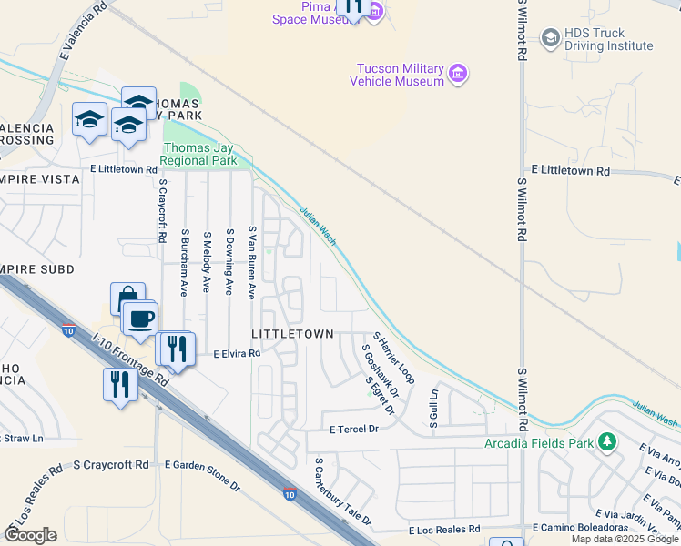 map of restaurants, bars, coffee shops, grocery stores, and more near 5887 East Fantail Lane in Tucson