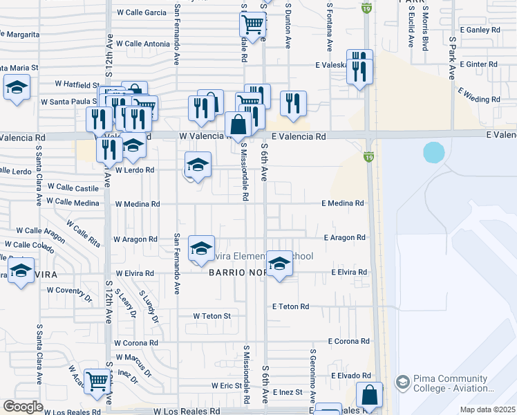 map of restaurants, bars, coffee shops, grocery stores, and more near 6715 South Missiondale Road in Tucson