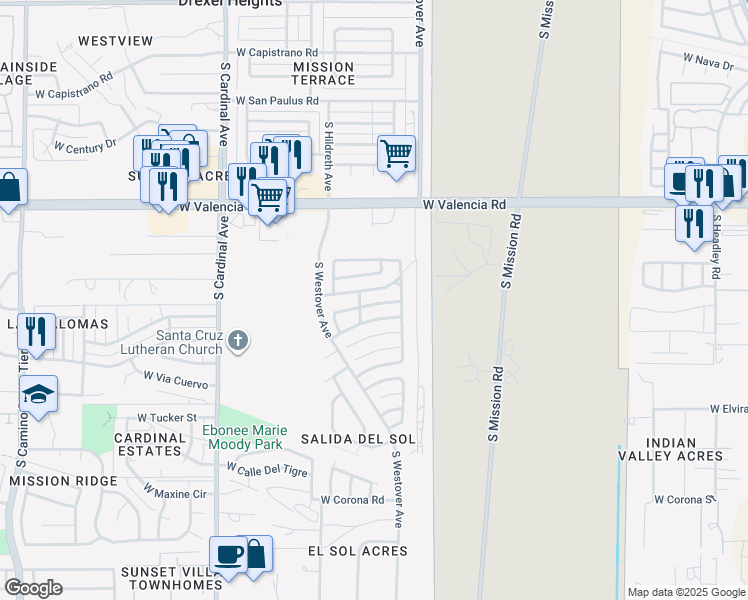 map of restaurants, bars, coffee shops, grocery stores, and more near 2561 West Vereda Amarillo in Tucson