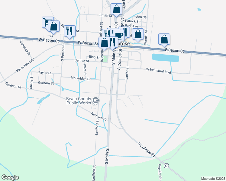 map of restaurants, bars, coffee shops, grocery stores, and more near 22 East Dubois Street in Pembroke