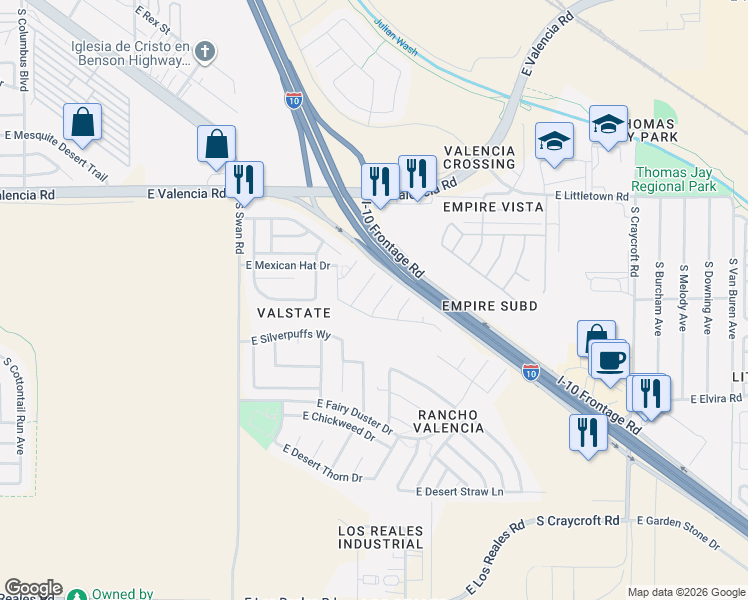 map of restaurants, bars, coffee shops, grocery stores, and more near 6721 South Yellow Rattle Court in Tucson