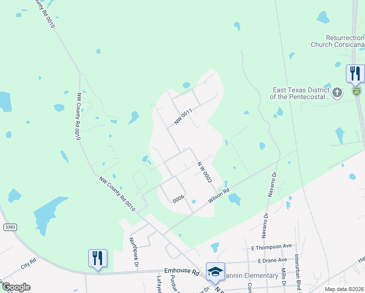 map of restaurants, bars, coffee shops, grocery stores, and more near 501 Northwest County Road 0008 in Corsicana