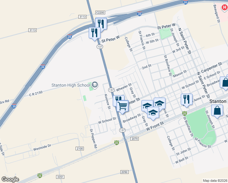 map of restaurants, bars, coffee shops, grocery stores, and more near Wheeler St in Stanton