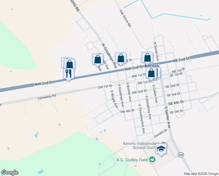 map of restaurants, bars, coffee shops, grocery stores, and more near 609 Southwest 1st Street in Kerens
