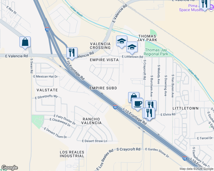 map of restaurants, bars, coffee shops, grocery stores, and more near 5236 East Park Vista Drive in Tucson