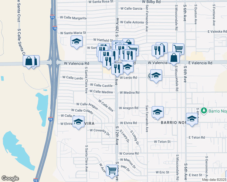 map of restaurants, bars, coffee shops, grocery stores, and more near 602 West Calle Medina in Tucson