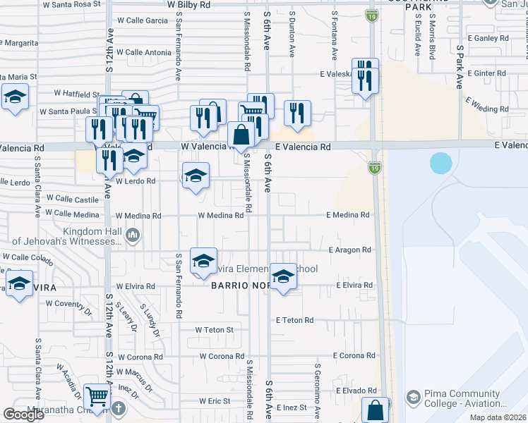 map of restaurants, bars, coffee shops, grocery stores, and more near 6715 South Missiondale Road in Tucson