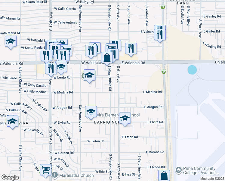 map of restaurants, bars, coffee shops, grocery stores, and more near 6715 South Missiondale Road in Tucson