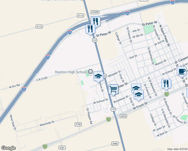 map of restaurants, bars, coffee shops, grocery stores, and more near 1107 Wheeler Street in Stanton