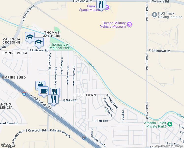 map of restaurants, bars, coffee shops, grocery stores, and more near 6700 South Parliament Drive in Tucson