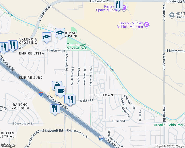 map of restaurants, bars, coffee shops, grocery stores, and more near 6716 South Van Buren Avenue in Tucson