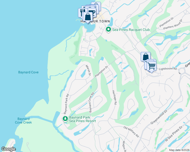 map of restaurants, bars, coffee shops, grocery stores, and more near 27 Marsh Dr in Hilton Head Island