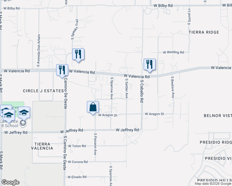 map of restaurants, bars, coffee shops, grocery stores, and more near 6643 South Sparrow Avenue in Tucson