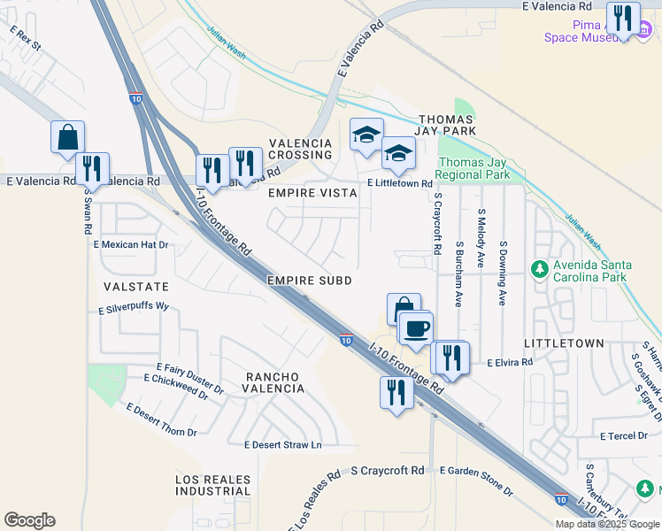 map of restaurants, bars, coffee shops, grocery stores, and more near 5271 East Jasmine Vista Court in Tucson