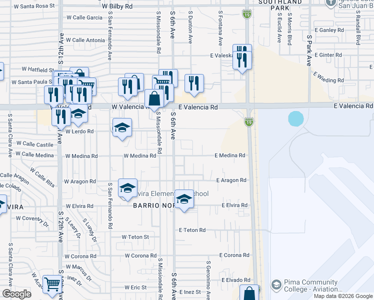 map of restaurants, bars, coffee shops, grocery stores, and more near 120 East Medina Road in Tucson